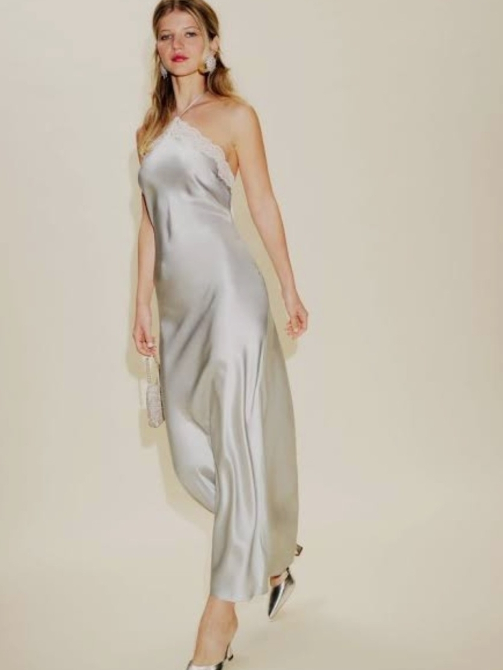 Reformation Silver Silk Slip Dress with Lace Trim